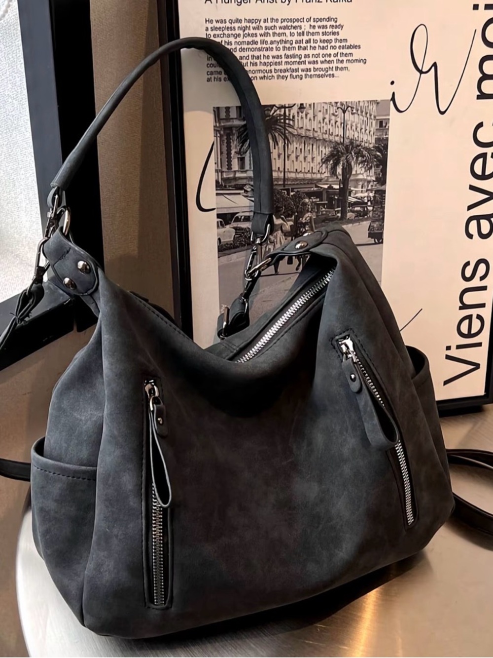 Classic Black Suede Hobo Bag - Elegant Everyday Shoulder Tote